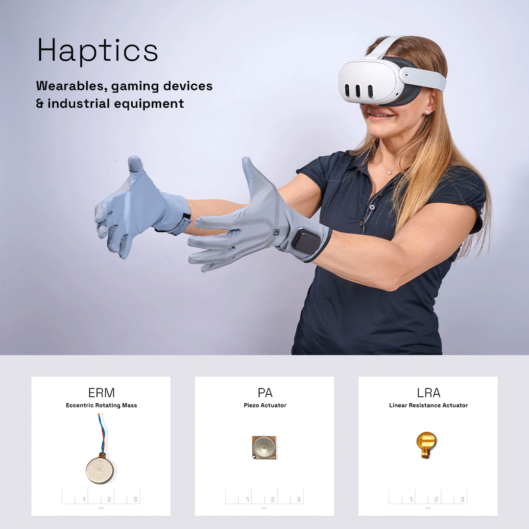 Woman wearing oculus quest 3 headset and liquid wire gloves on both hands with image of LRA, ERMs and piezo actuators below 